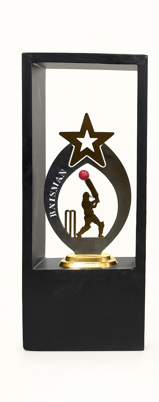 Best Batsman cricket trophy in a black wooden display case